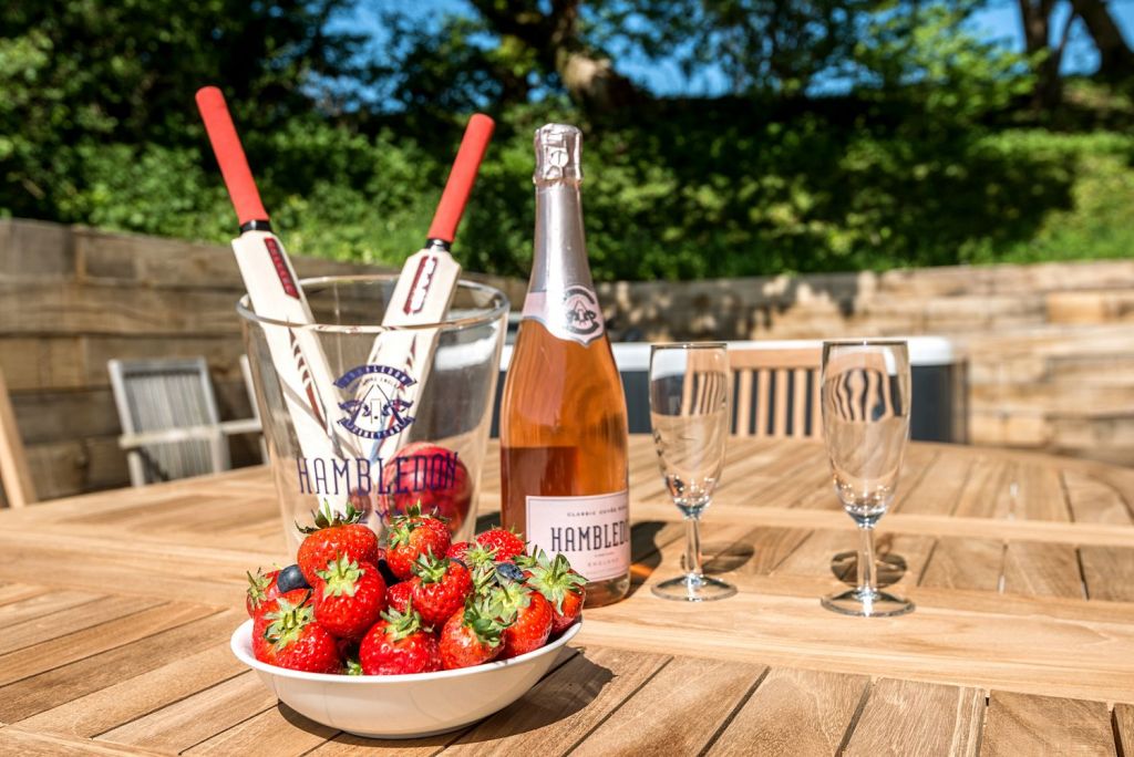 Hambledon wine and strawberries on the patio at Silver Birch