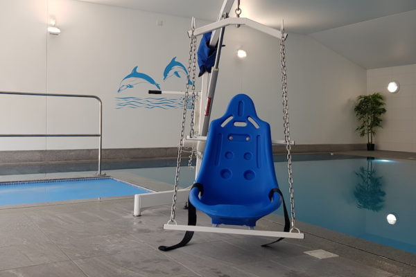 An accessible pool hoist whioch is hard moulded in blue