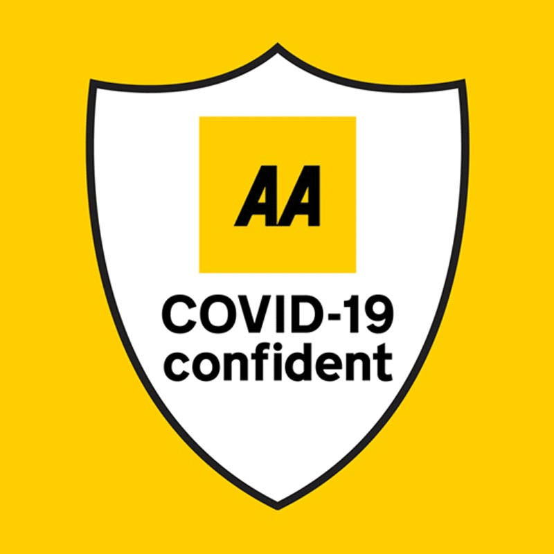 Badege for the AA Covid-19 Confient accreditation yellow with white inset for Wallops Wood Cottages Self catering